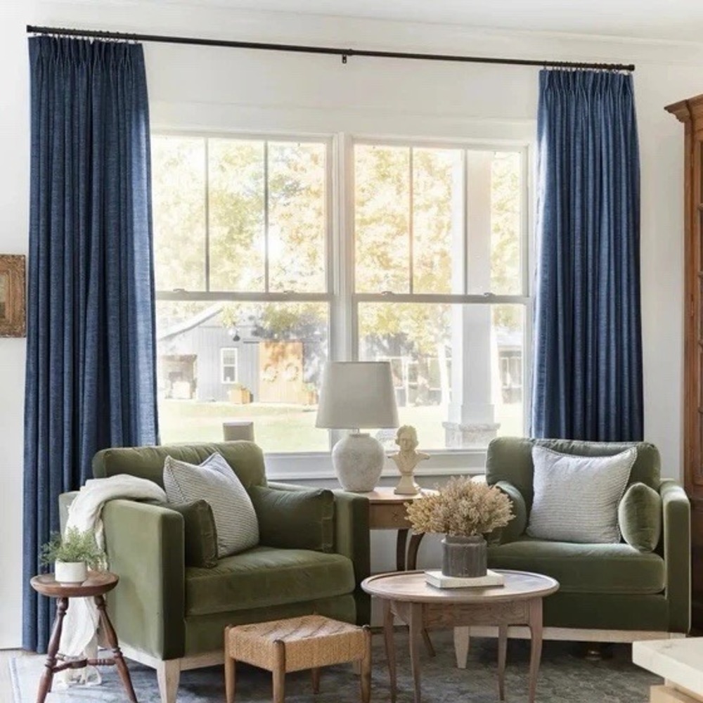 TWOPAGES Liz Linen Drape Pleated Curtains (2) 52Wx96L Navy Unlined NEW‎
